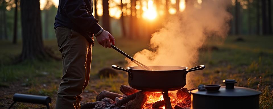 焚き火で料理をする屋外でのシズル感溢れるシーン
