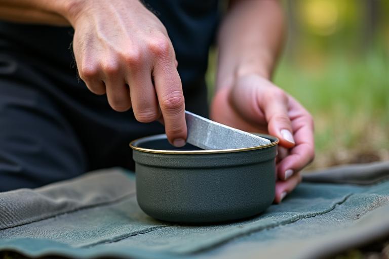 キャンプギアの手入れをしている様子
