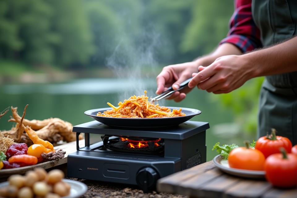美しい自然の中でキャンプ用のコンロで調理するクローズアップ