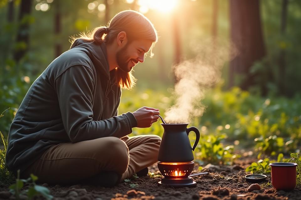 森林の中でコーヒーを淹れる楽しげなキャンパー